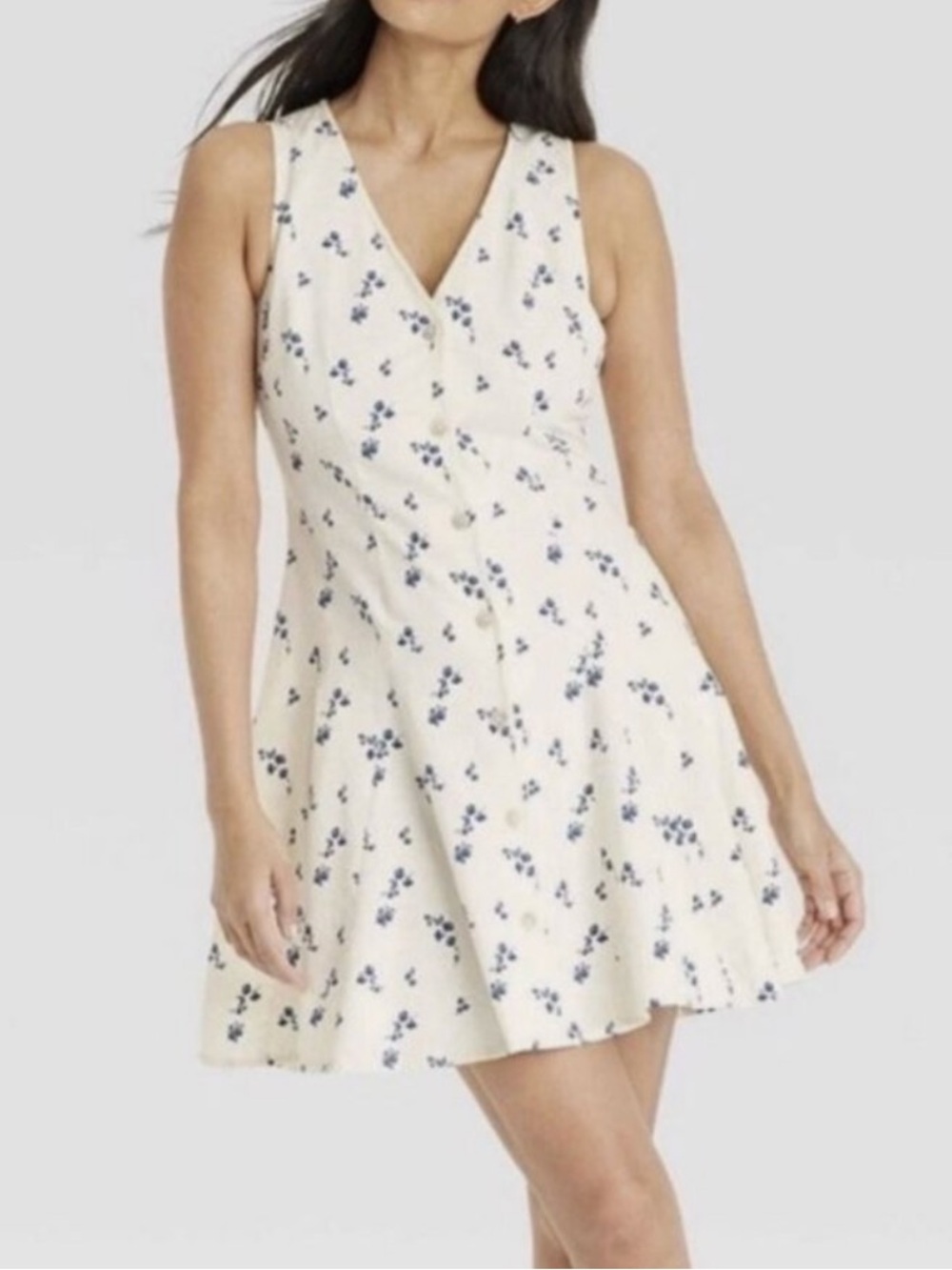 Button Front Mini Dress with Navy Floral Print